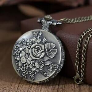 Gold Floral Rose Pocket Watch Vtg Western Womens Mens Anniversary Birthday Gift